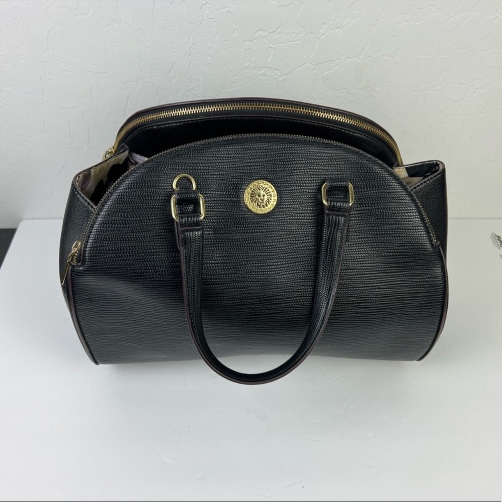 👜 Anne Klein Black Textured Dome Satchel Purse | Gold Hardware + Floral Lining